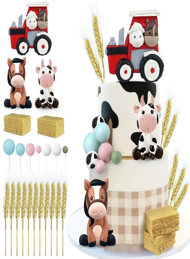 KEEPARTY 22 PCS Farm Cake Topper - Cow Horse Tractor Cake Decorations for Baby Shower Cow Themed Girls Boys Birthday Party Decorations Supplies (Tractor) - Image 1