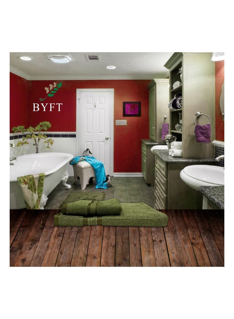 BYFT Daffodil (Green) Premium Towels (Set of 1 Hand & 1 Bath Towel) 100% Cotton, Highly Absorbent and Quick dry, Hotel and Spa Quality Bath linen with Stripe Diamond Dobby-500 Gsm  - Image 1