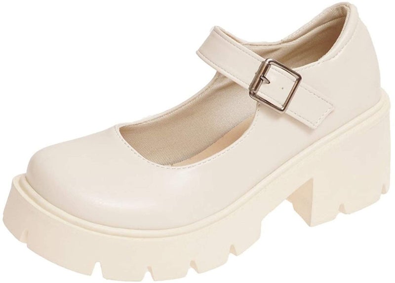 Womens Platform Mary Janes Chunky Heel Ankle Strap Uniform Dress Shoes Heeled Gothic Lolita Oxfords 5 Single StrapBeige