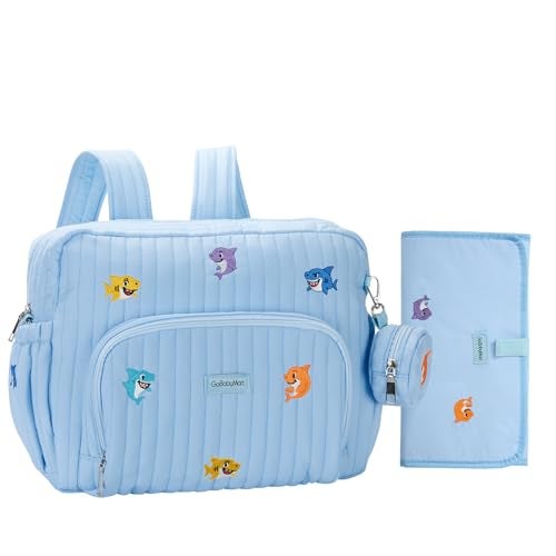 GOBABYMART Diaper Bag Backpack with Changing Pad - Travel Baby Bag, Insulated Bottle Pockets, Stroller Straps (Medium - Blue Sharks) - Image 1