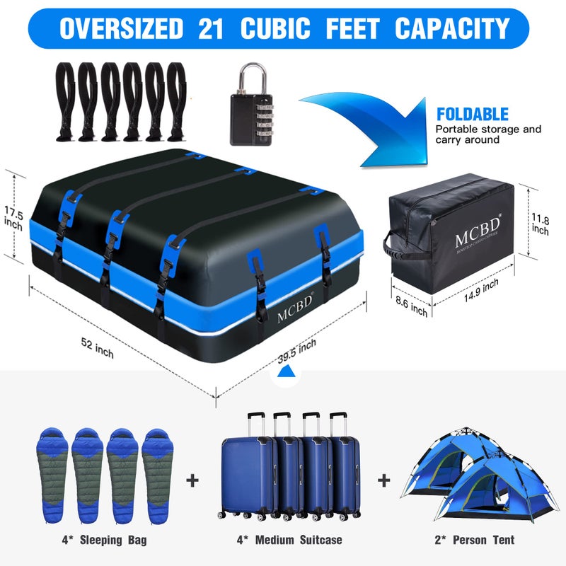 MCBD Roof Box, 21 Cubic Feet Waterproof Roof Luggage, Portable Roof Boxes, Car Roof Rack Suitable for All Vehicles, SUV with/without Rails, Includes 10 Reinforced Straps + 6 Suitable Door Hooks, 594L - Image 2