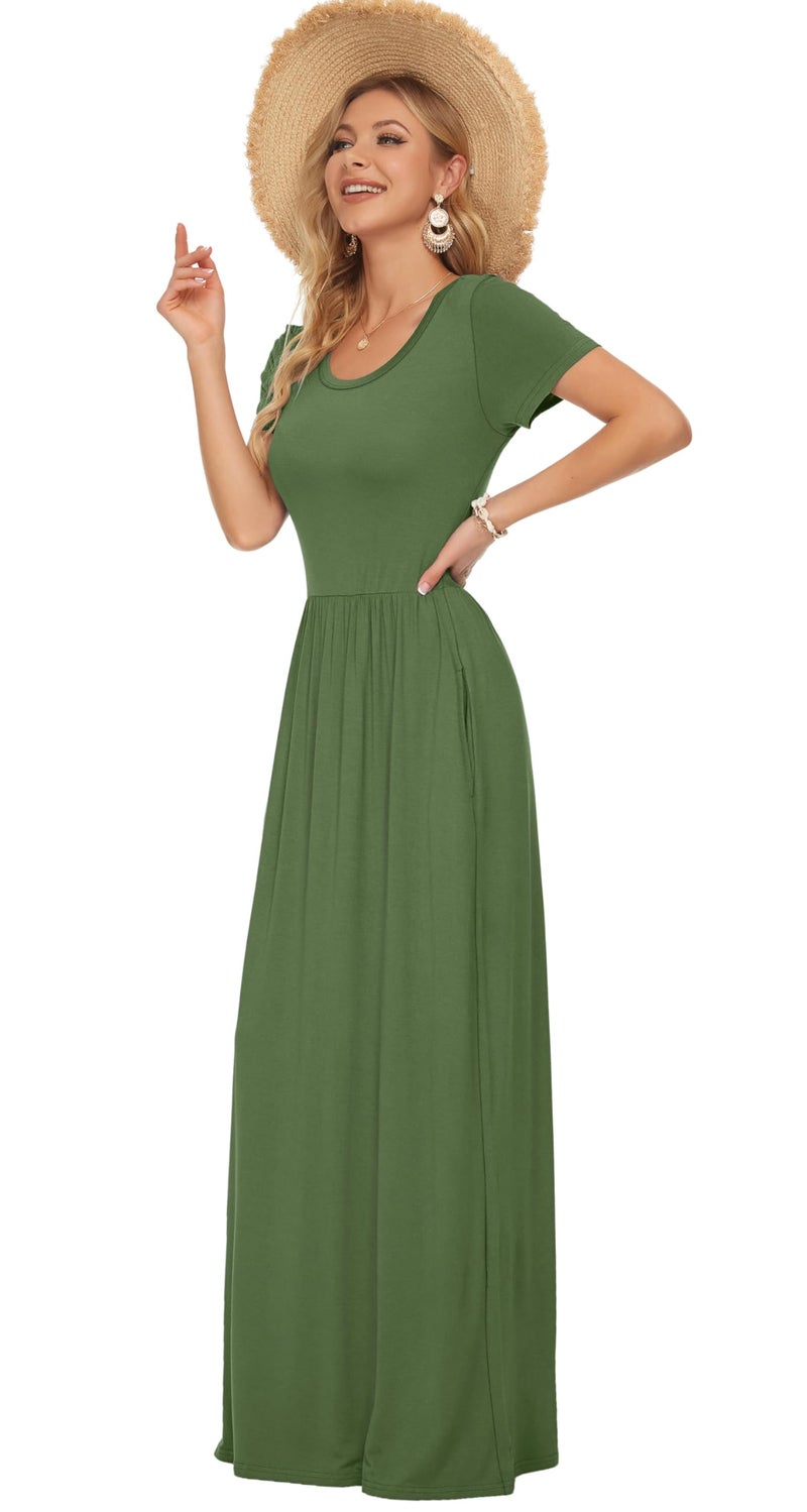AUSELILY Women's Short Sleeve Loose Plain Casual Long Maxi Dresses for Women 2025 Army Green XL - Image 2