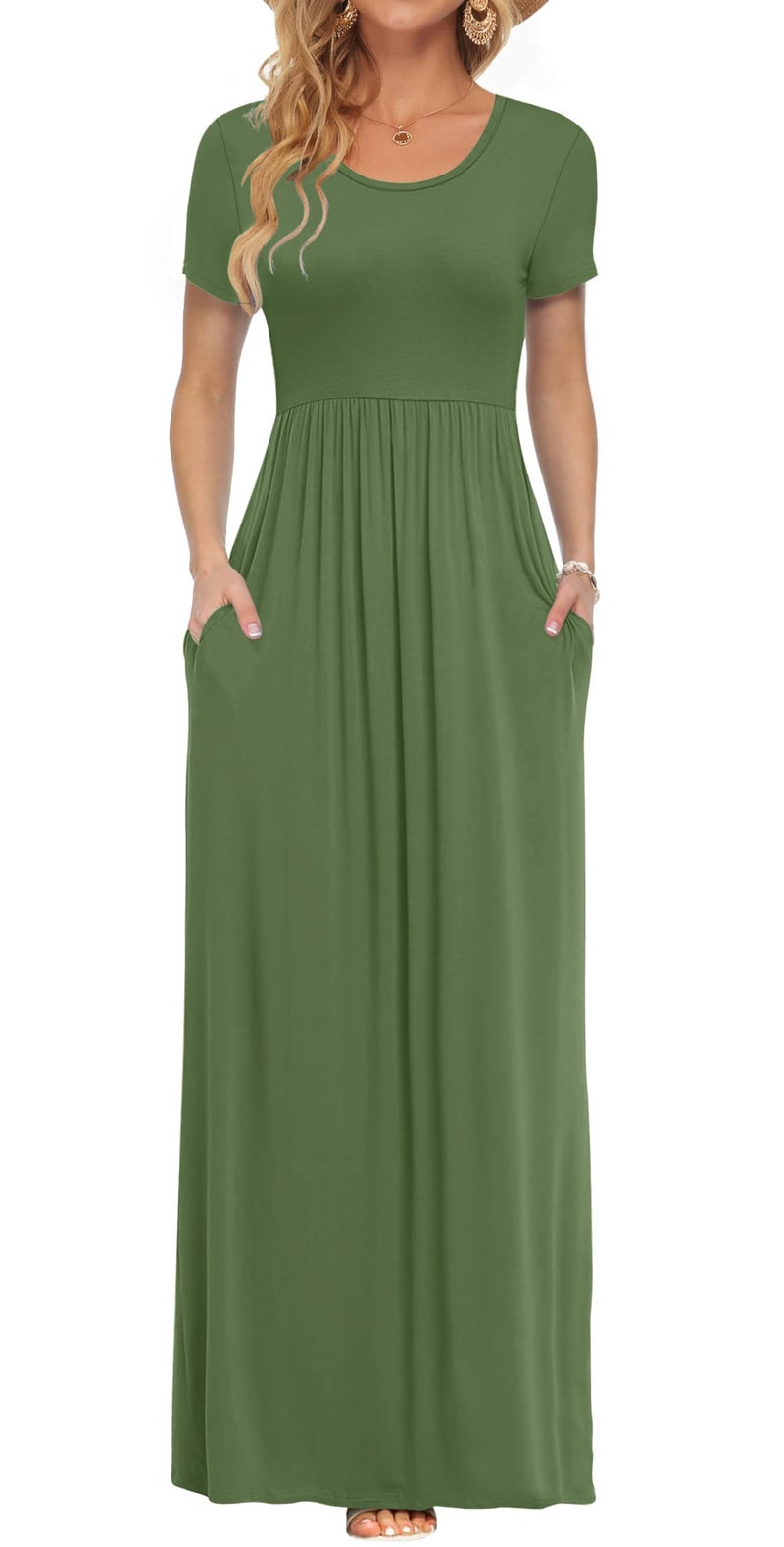 AUSELILY Women's Short Sleeve Loose Plain Casual Long Maxi Dresses for Women 2025 Army Green XL - Image 1
