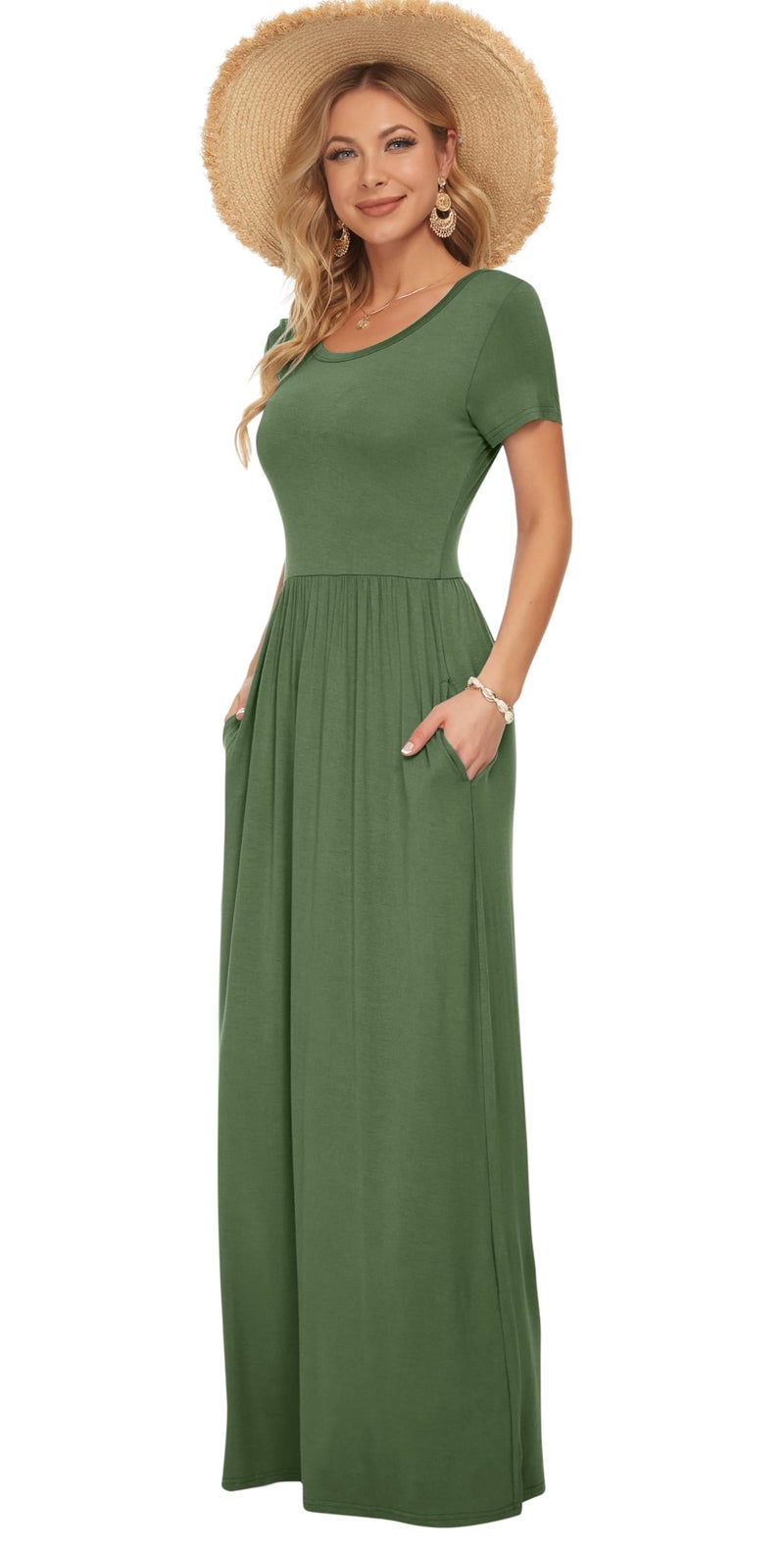 AUSELILY Women's Short Sleeve Loose Plain Casual Long Maxi Dresses for Women 2025 Army Green XL - Image 4
