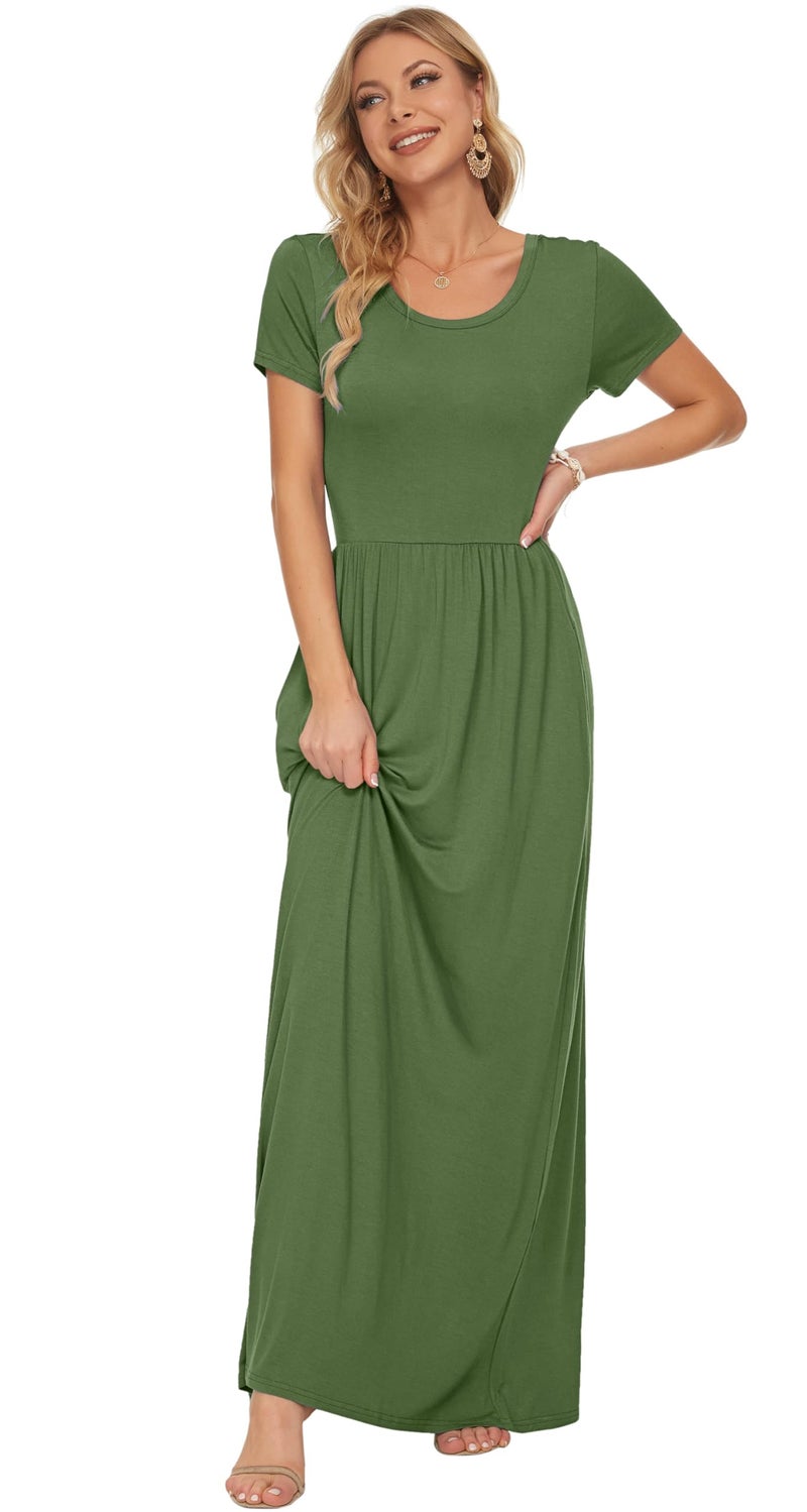 AUSELILY Women's Short Sleeve Loose Plain Casual Long Maxi Dresses for Women 2025 Army Green XL - Image 3