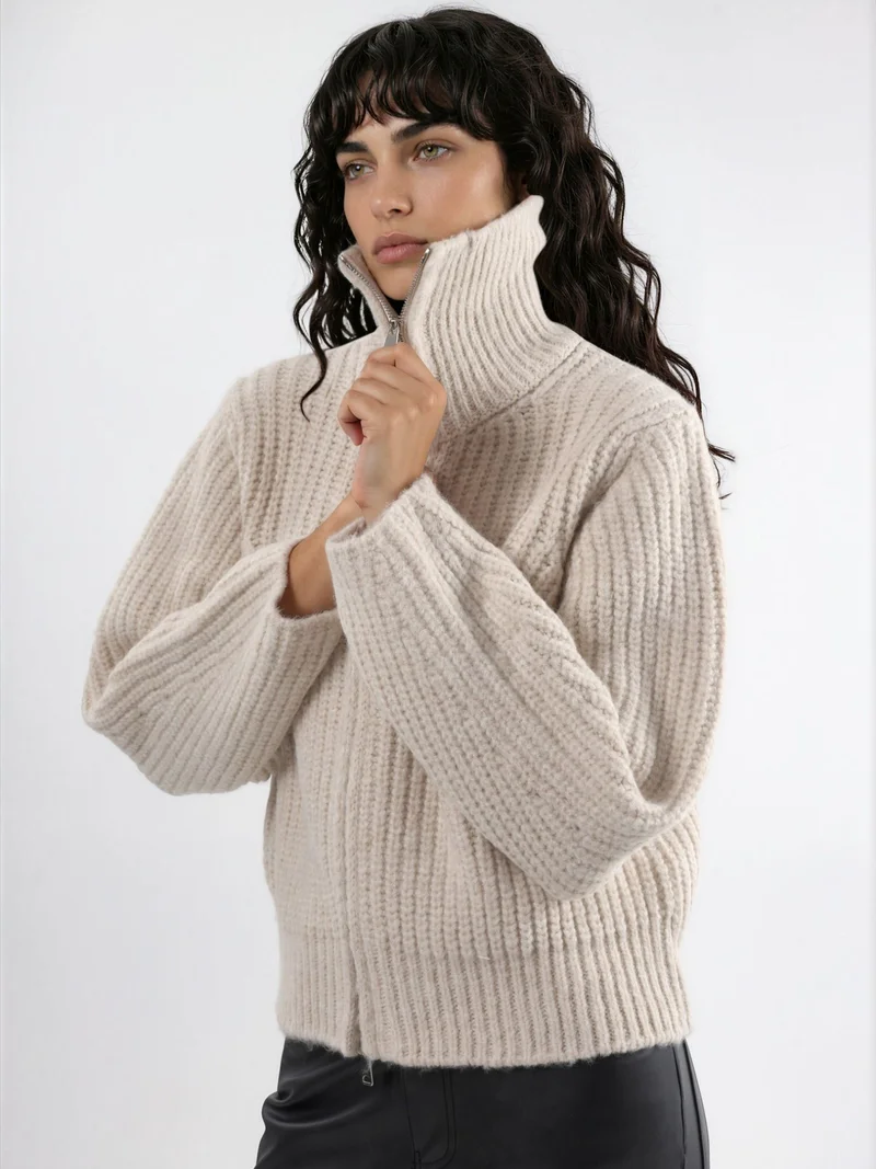 HICCUP Thick Textured Turtleneck Zip-Up Cardigan