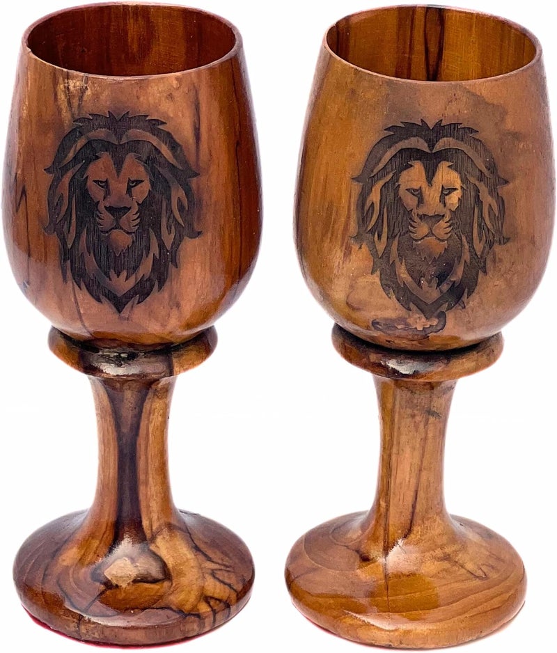 collectiblesBuy collectiblesBuy Handcrafted Antique Brown Lion Logo Wooden Beer Goblet Set of 2 Natural Teak Wood Chalice Rustic Drinkware for Home and Kitchen Decor - Image 1