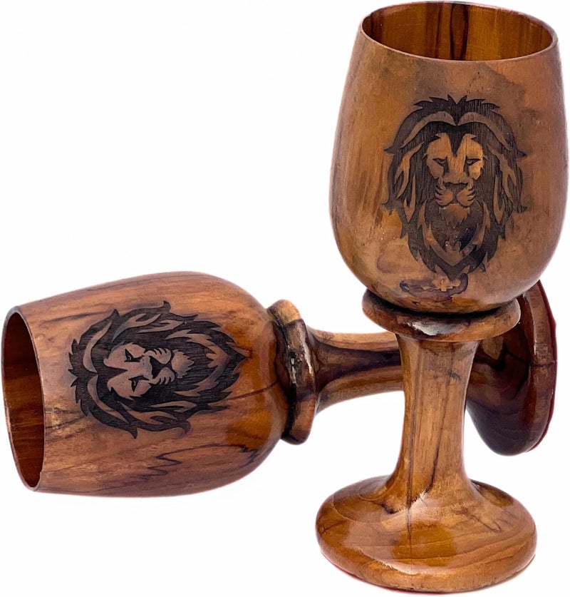 collectiblesBuy collectiblesBuy Handcrafted Antique Brown Lion Logo Wooden Beer Goblet Set of 2 Natural Teak Wood Chalice Rustic Drinkware for Home and Kitchen Decor - Image 3