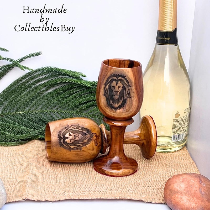 collectiblesBuy collectiblesBuy Handcrafted Antique Brown Lion Logo Wooden Beer Goblet Set of 2 Natural Teak Wood Chalice Rustic Drinkware for Home and Kitchen Decor - Image 2