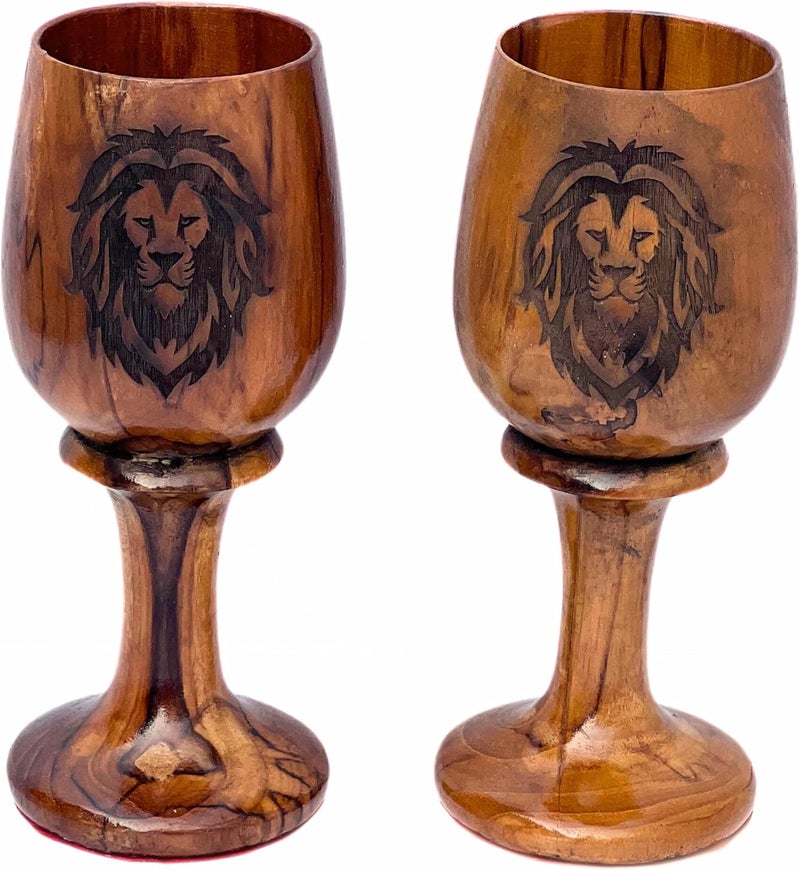 collectiblesBuy collectiblesBuy Handcrafted Antique Brown Lion Logo Wooden Beer Goblet Set of 2 Natural Teak Wood Chalice Rustic Drinkware for Home and Kitchen Decor - Image 5