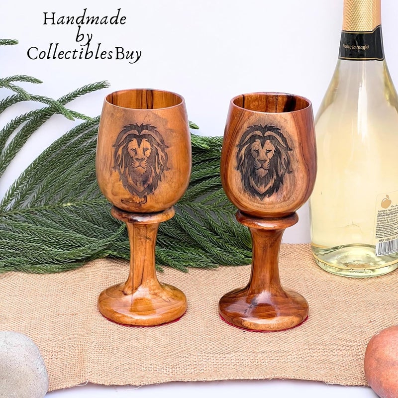 collectiblesBuy collectiblesBuy Handcrafted Antique Brown Lion Logo Wooden Beer Goblet Set of 2 Natural Teak Wood Chalice Rustic Drinkware for Home and Kitchen Decor - Image 4