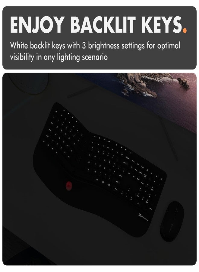 X9 Performance Ergonomic Wireless Keyboard with Trackball - Rechargeable, Backlit, Built in Mouse Buttons - 2.4G Split Keyboard Wireless for Windows PC and Chrome - All in One Typing Solution - Image 2