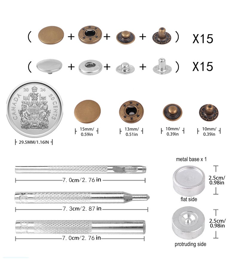 Zbdroxygen 120Pcs Snap Button, Press Button for Clothes, Snap Button Tool Kit, Fasteners for Jackets, Bags, Silver and Copper Colors - Image 4