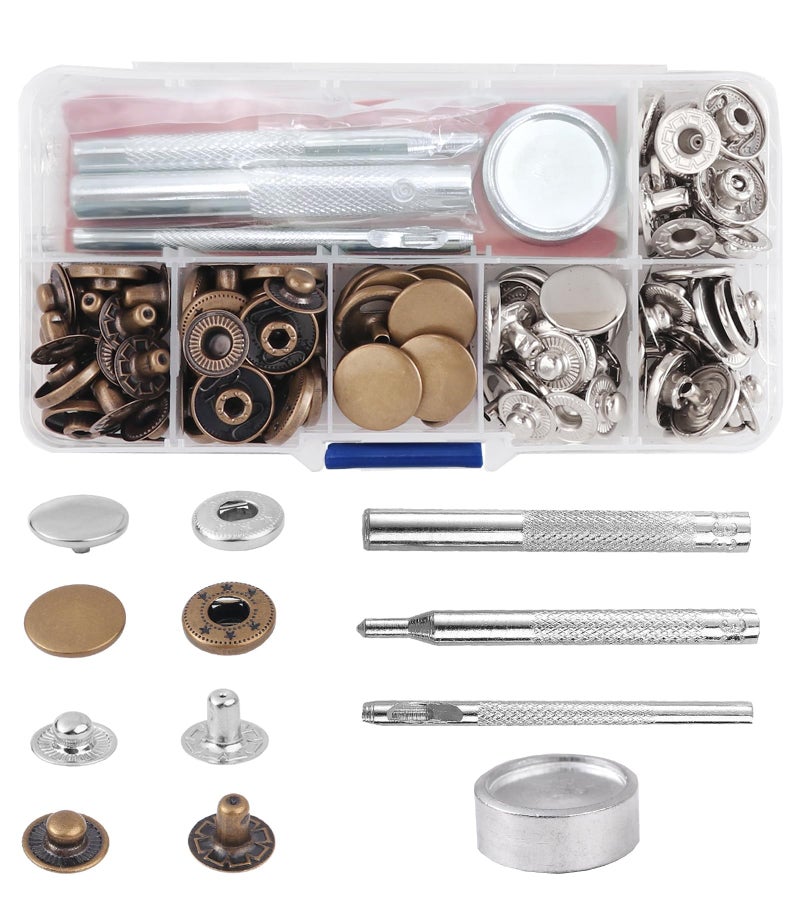 Zbdroxygen 120Pcs Snap Button, Press Button for Clothes, Snap Button Tool Kit, Fasteners for Jackets, Bags, Silver and Copper Colors - Image 1