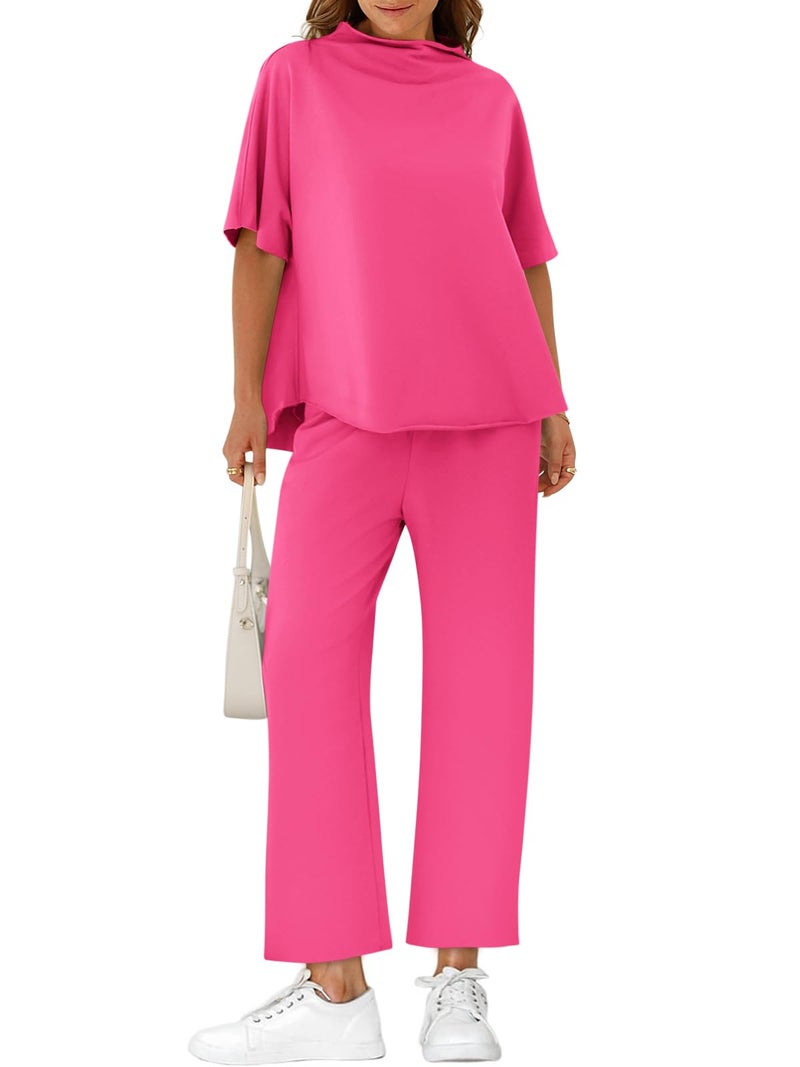 Yousify Women's Two Piece Sets 3/4 Batwing Sleeve Capelet Crew Neck Pullover Top Wide Leg Pants Lounge Set Travel Outfits - Image 1