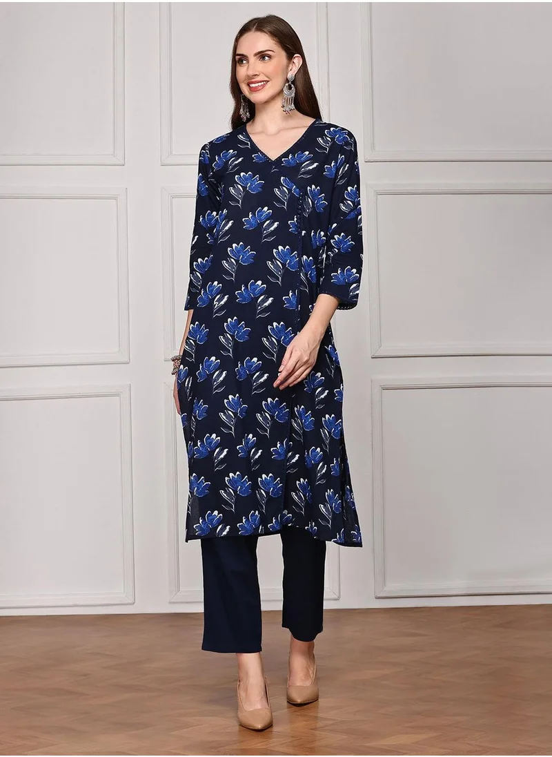 آي شين Regular Fit Three-Quarter Sleeve Printed Indigo Blue Cotton Woven Kurta Set For Women Flat Collar Perfect For Wedding And Engagement Pull On Closure