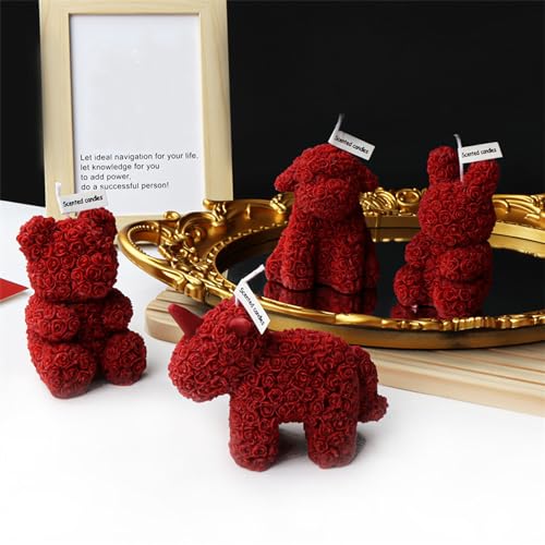 T-shin Cute Bear Shape Scented Candle,143G Rose Flower Clusters Aesthetic Handmade Soy Wax Aroma Decorative Candle for Table Photo Prop Wedding Birthday,Prefect Gift for Meditation Stress (Bear) - Image 3
