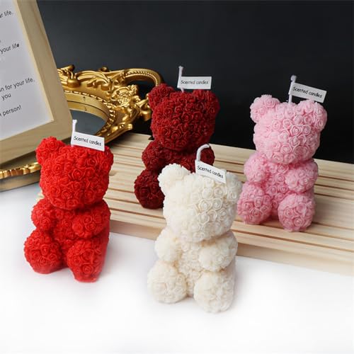 T-shin Cute Bear Shape Scented Candle,143G Rose Flower Clusters Aesthetic Handmade Soy Wax Aroma Decorative Candle for Table Photo Prop Wedding Birthday,Prefect Gift for Meditation Stress (Bear) - Image 4