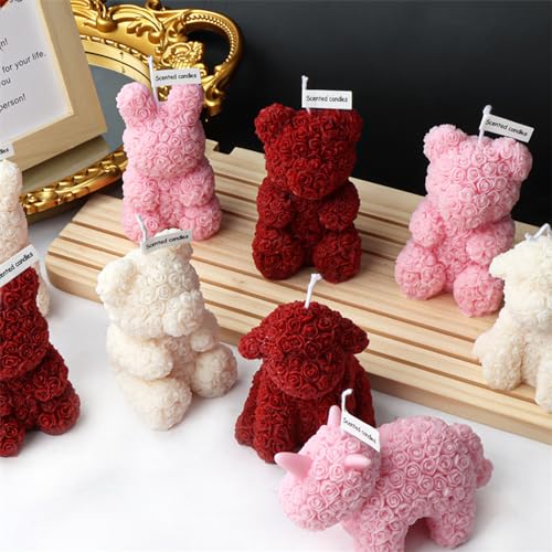 T-shin Cute Bear Shape Scented Candle,143G Rose Flower Clusters Aesthetic Handmade Soy Wax Aroma Decorative Candle for Table Photo Prop Wedding Birthday,Prefect Gift for Meditation Stress (Bear) - Image 5