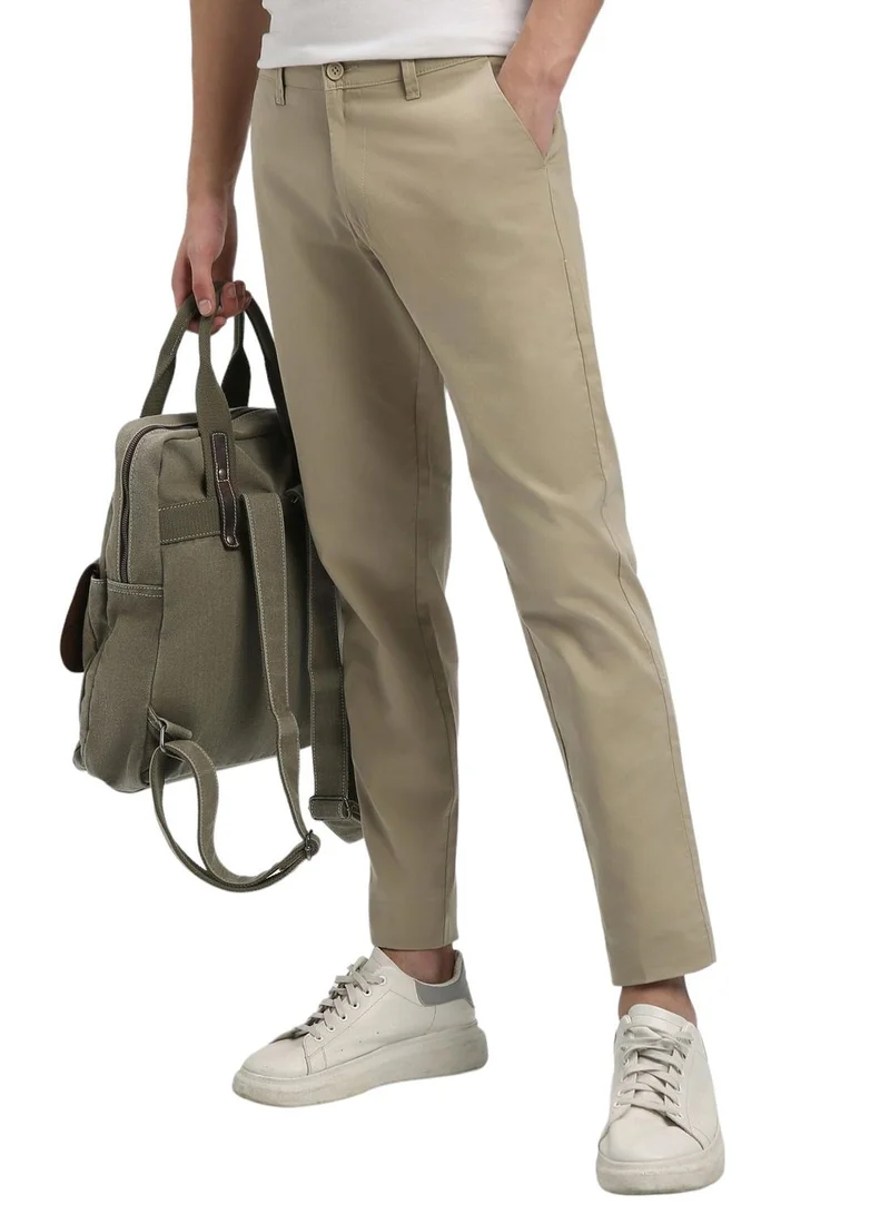 Dennis Lingo Men's Light Khaki 100% Cotton Solid Pattern Full Length Chinos Slim Fit Trouser