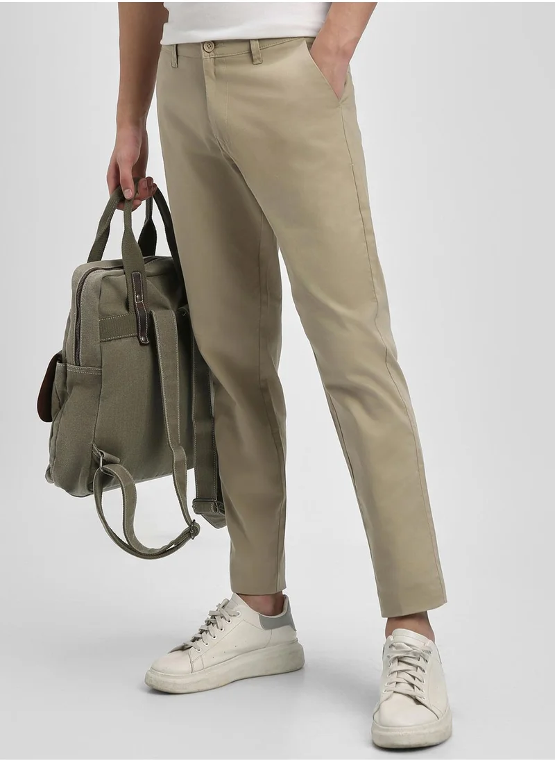 دينيس لينغو Light Khaki Slim Fit Chinos for Men - 100% Cotton, Full Length, Button & Zip, Mid Rise, Casual,