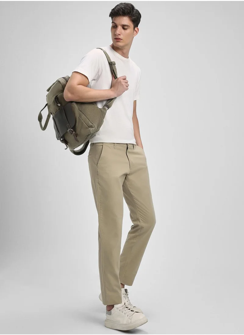 دينيس لينغو Light Khaki Slim Fit Chinos for Men - 100% Cotton, Full Length, Button & Zip, Mid Rise, Casual,