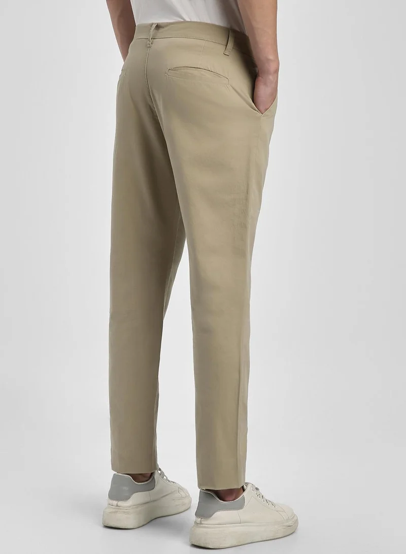 Dennis Lingo Men's Light Khaki 100% Cotton Solid Pattern Full Length Chinos Slim Fit Trouser