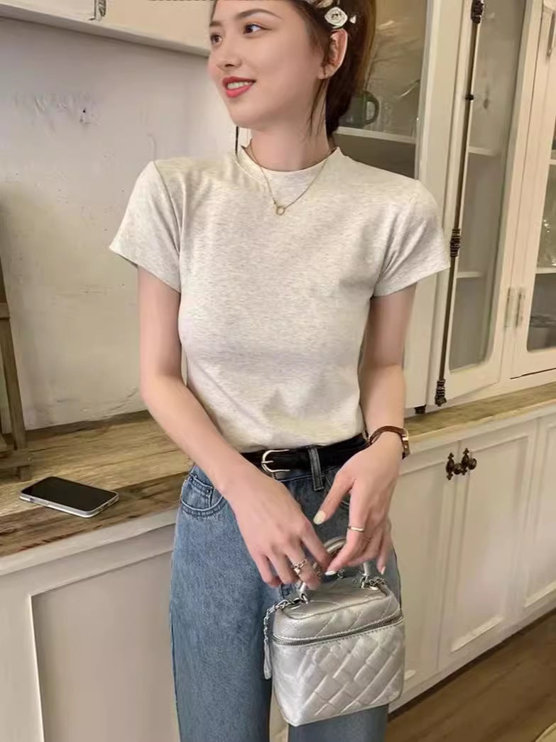Cotton Thread Yellow Grey All-Match Short-Sleeved T-Shirt Women'S American-Style Slim-Fit Slimming Top Low Collar Base Shirt - Image 2