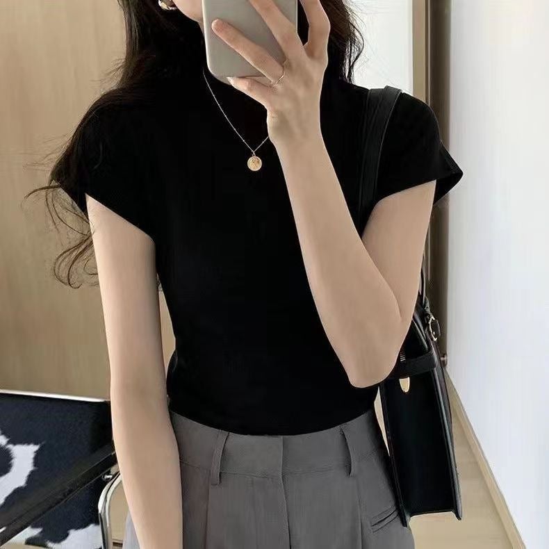 Cotton Thread Yellow Grey All-Match Short-Sleeved T-Shirt Women'S American-Style Slim-Fit Slimming Top Low Collar Base Shirt - Image 1