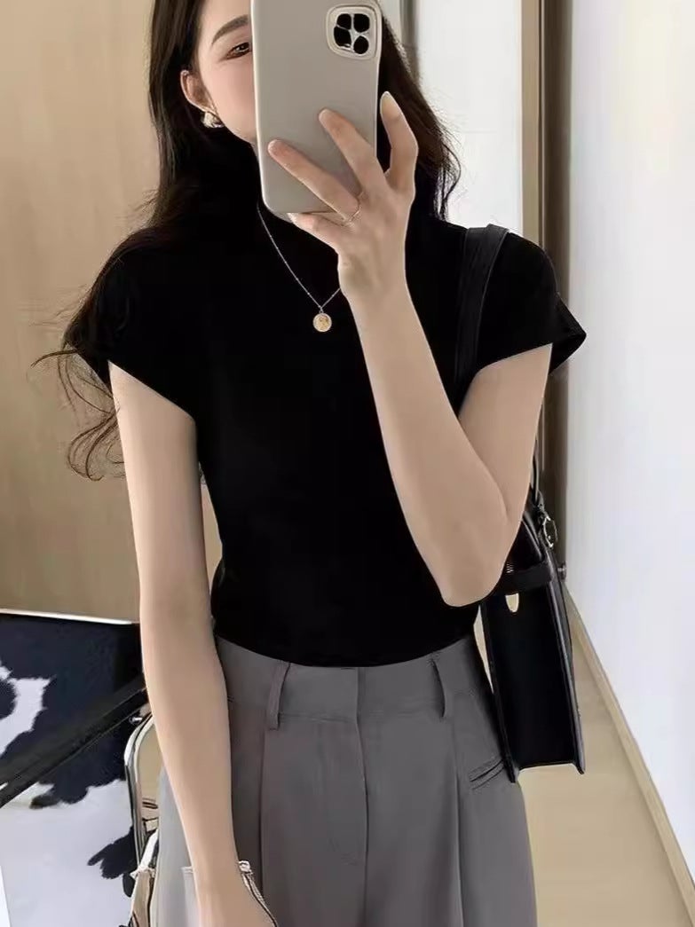 Cotton Thread Yellow Grey All-Match Short-Sleeved T-Shirt Women'S American-Style Slim-Fit Slimming Top Low Collar Base Shirt - Image 4