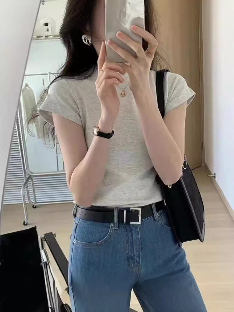 Cotton Thread Yellow Grey All-Match Short-Sleeved T-Shirt Women'S American-Style Slim-Fit Slimming Top Low Collar Base Shirt - Image 3
