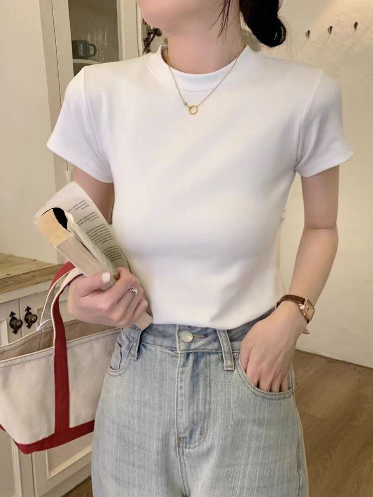 Cotton Thread Yellow Grey All-Match Short-Sleeved T-Shirt Women'S American-Style Slim-Fit Slimming Top Low Collar Base Shirt - Image 5