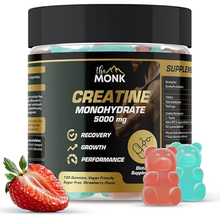 THE MONK Creatine Monohydrate Gummies for Men & Women - Sugar Free, Vegan, Gluten-Free, Non-GMO - 5000 mg Per Serving - 120 Gummies - Image 1