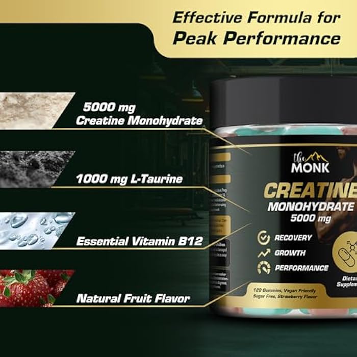 THE MONK Creatine Monohydrate Gummies for Men & Women - Sugar Free, Vegan, Gluten-Free, Non-GMO - 5000 mg Per Serving - 120 Gummies - Image 4