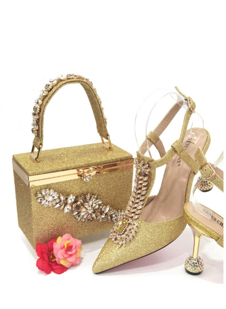Fine Heeled Pointed Rhinestone High-Heeled Sandals 9cm+Square Rhinestone Handbag  - Image 1