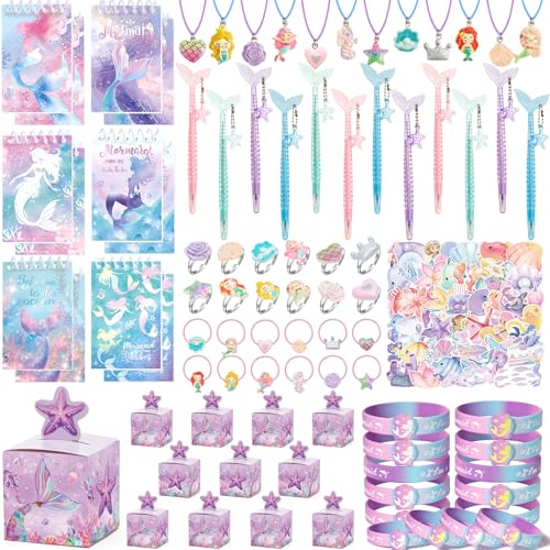 SNLN Mermaid Party Favors Birthday Supplies for Girl Gift Boxes Notebooks Fishtail Pen Silicone Bracelet Necklaces Rings Hair Ties Stickers Mermaid Birthday Party Favors Goodie Bags Stuffers - Image 1