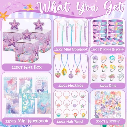 SNLN Mermaid Party Favors Birthday Supplies for Girl Gift Boxes Notebooks Fishtail Pen Silicone Bracelet Necklaces Rings Hair Ties Stickers Mermaid Birthday Party Favors Goodie Bags Stuffers - Image 5