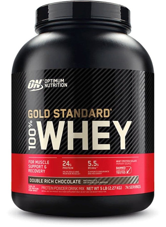 Optimum Nutrition Gold Standard 100% Whey Protein Powder Primary Source Isolate, 24 Grams of Protein for Muscle Support and Recovery - Double Rich Chocolate, 5 Lbs, 74 Servings (2.27 KG) - Image 1