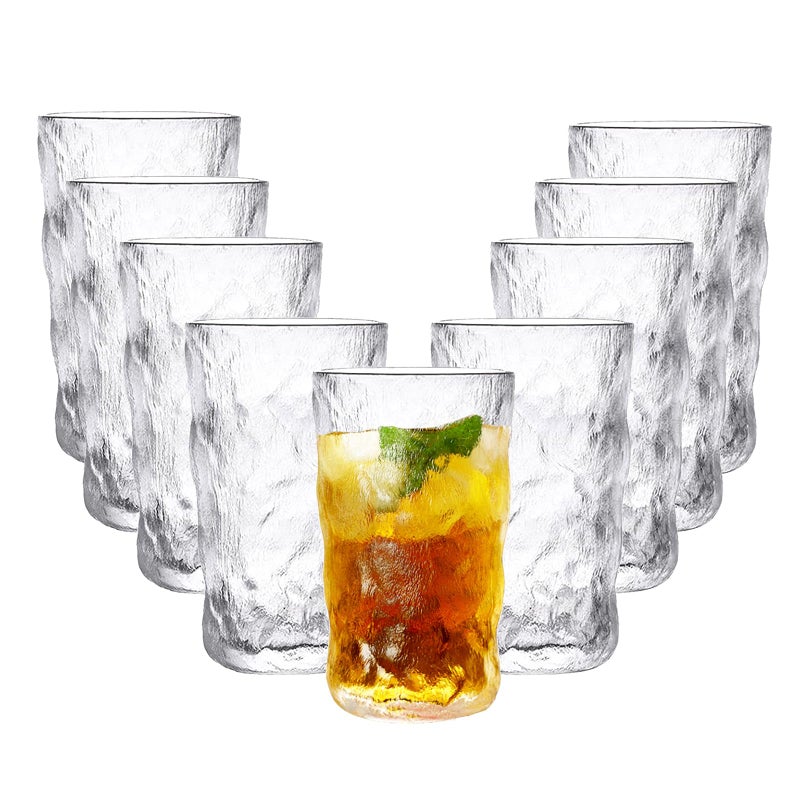 Frcctre 9 Pack Vintage Drinking Glasses 13 oz Romantic Water Glasses Tumblers Hammered Glacier Beverage Tumblers Vintage Glassware Set for Beverages Juice Beer Water Cocktails Whiskey