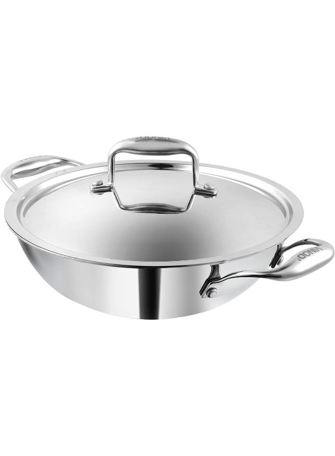 VINOD Platinum Triply Stainless Steel Kadai with Lid - 2.5 L, 24 cm | 2.5mm Thick Base, Even Heating No Hotspot, Less Oil Healthy Cooking, Heavy Bottom Induction Cookware Kadhai for Cooking & Frying - Image 1