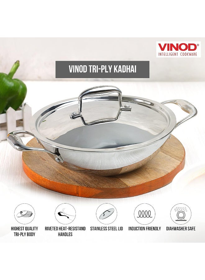 VINOD Platinum Triply Stainless Steel Kadai with Lid - 2.5 L, 24 cm | 2.5mm Thick Base, Even Heating No Hotspot, Less Oil Healthy Cooking, Heavy Bottom Induction Cookware Kadhai for Cooking & Frying - Image 3
