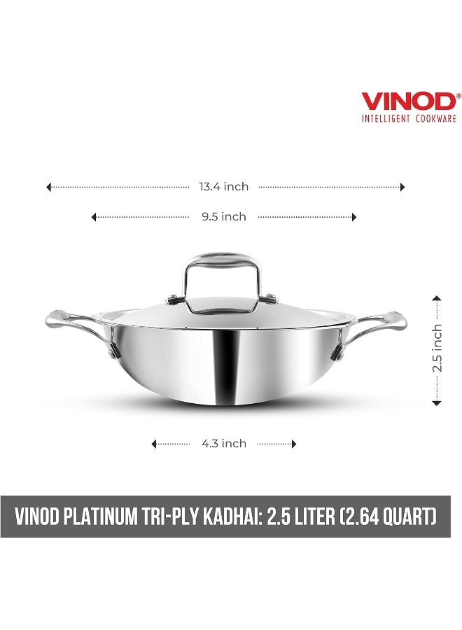 VINOD Platinum Triply Stainless Steel Kadai with Lid - 2.5 L, 24 cm | 2.5mm Thick Base, Even Heating No Hotspot, Less Oil Healthy Cooking, Heavy Bottom Induction Cookware Kadhai for Cooking & Frying - Image 2