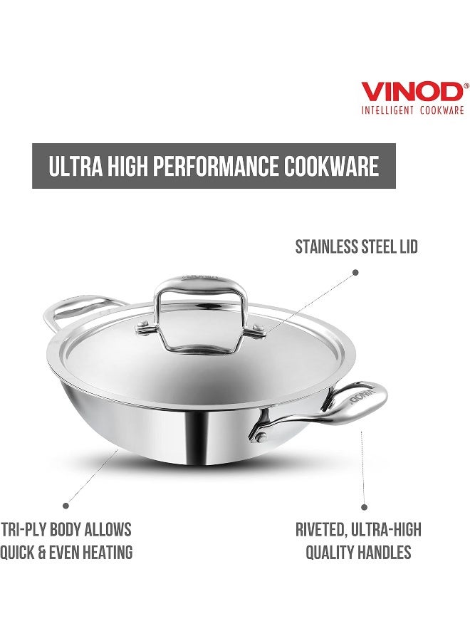 VINOD Platinum Triply Stainless Steel Kadai with Lid - 2.5 L, 24 cm | 2.5mm Thick Base, Even Heating No Hotspot, Less Oil Healthy Cooking, Heavy Bottom Induction Cookware Kadhai for Cooking & Frying - Image 4