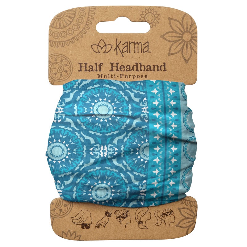Karma Blue/Split Medallion Headband for Women - Medium - Fabric Headband and Stretchy Hair Scarf - Blue - Image 1