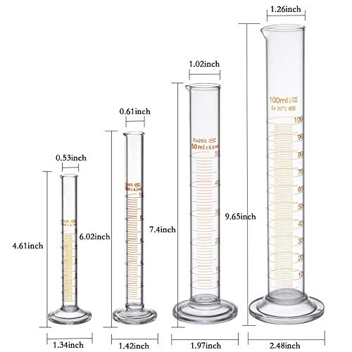 BOMEX Glass Graduated Cylinder Set Thick Measuring Cylinders 5ml 10 ml 50ml 100ml with 2 Glass Stirring Rod and 1 Brush - Image 2
