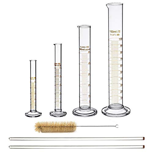BOMEX Glass Graduated Cylinder Set Thick Measuring Cylinders 5ml 10 ml 50ml 100ml with 2 Glass Stirring Rod and 1 Brush - Image 1