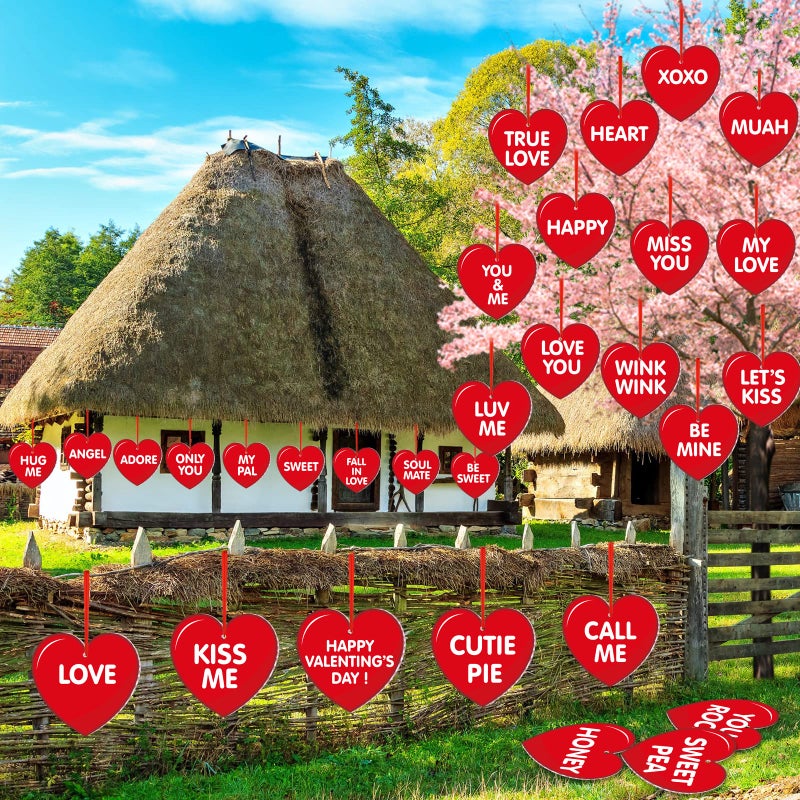 Rtteri 30 Pieces Valentine's Day Outdoor Hanging Heart Ornaments 6 Inch Romantic Conversation Hearts Double-Sided Plastic Lawn Heart Hanging Decor for Valentine Wedding Porch Tree Yard Lawn Decor - Image 4
