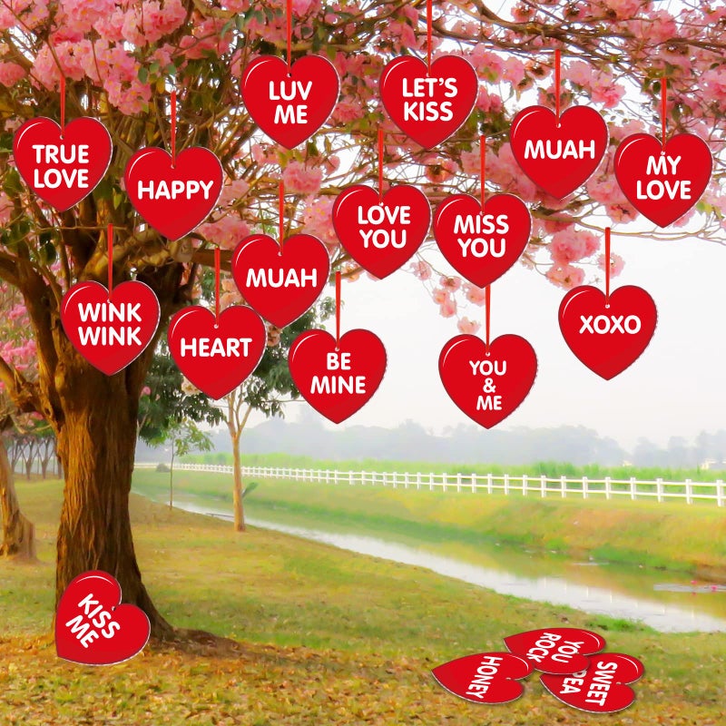 Rtteri 30 Pieces Valentine's Day Outdoor Hanging Heart Ornaments 6 Inch Romantic Conversation Hearts Double-Sided Plastic Lawn Heart Hanging Decor for Valentine Wedding Porch Tree Yard Lawn Decor - Image 1