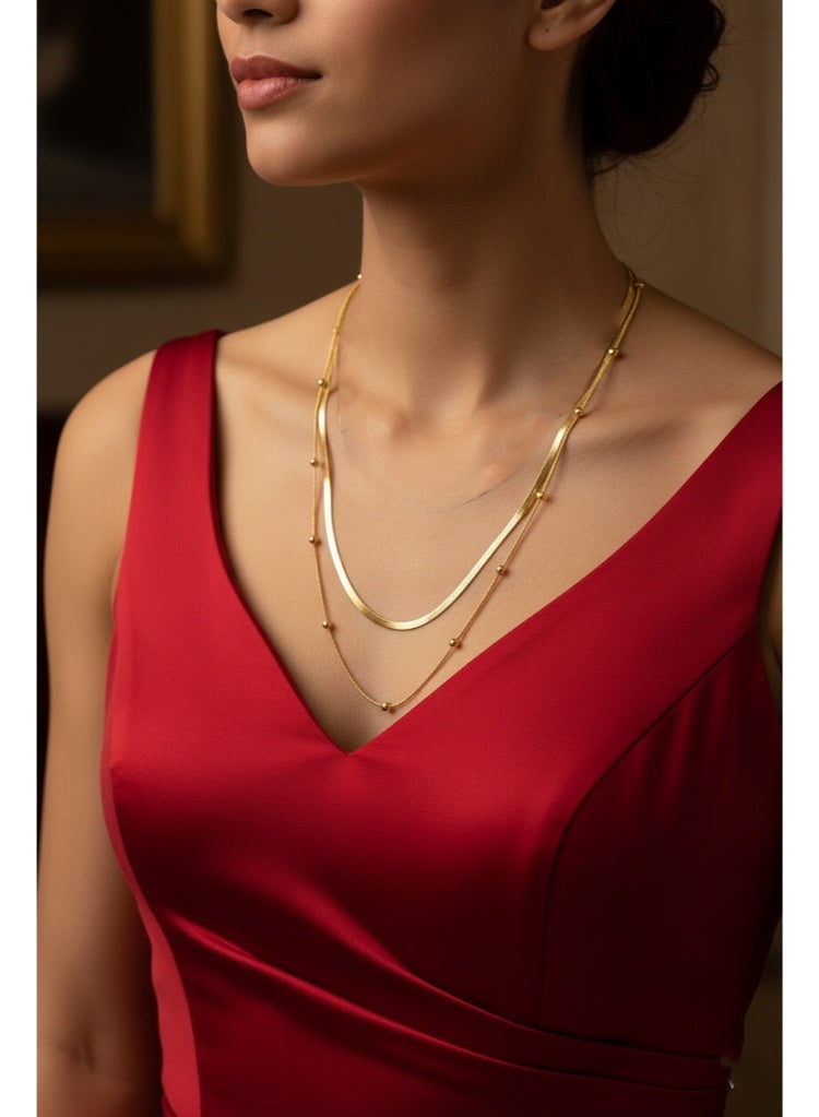 FLUFFY Women's Necklace Double Layer Snake Chain and Bead Design - Image 1