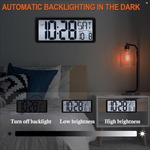 QINYUNE 15 Inch Large Rechargeable Digital LCD Wall Clock with Backlight Glow in the Dark,Night Light Wall Clock with Week,Date & Temperature,DST,Alarm Display for Living Room, Bedroom, Gift for Elderly - Image 4